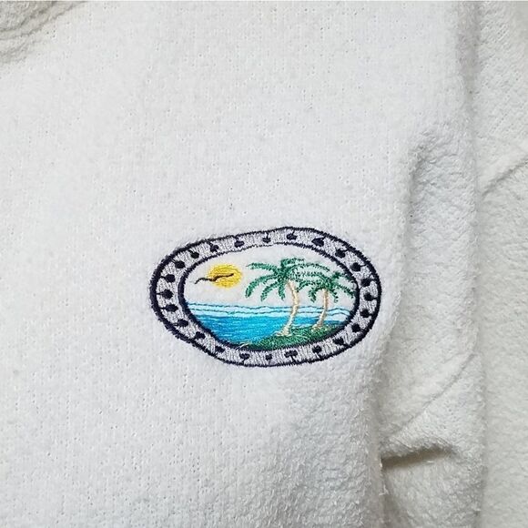 𝅺VINTAGE 1990s Exist White Gray Striped Full-zip Terry Cloth Cropped Sweater - Picture 4 of 11